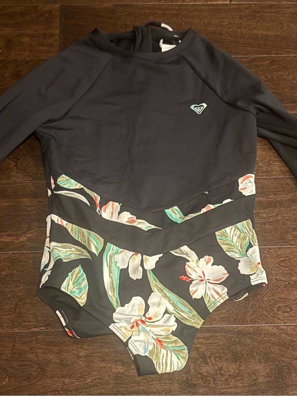 Roxy Black Floral Long-Sleeve One-Piece Swimsuit with Green Accents